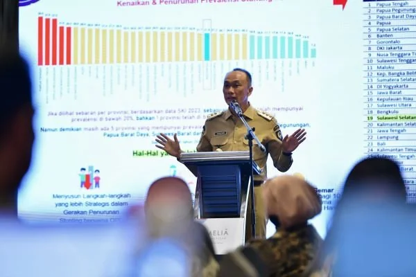 Penjabat (Pj) Gubernur Sulawesi Selatan, Prof Zudan Arif Fakrulloh saat membuka Temu Regional 3 Sulawesi, Maluku dan Papua dan Intervensi Serentak Percepatan Stunting 2024.