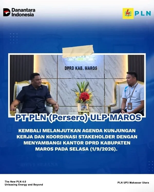 PLN ULP Maros melakukan kunjungan kerja dan koordinasi stakeholder dengan DPRD Kabupaten Maros untuk memperkuat sinergi pelayanan dan keandalan ketenagalistrikan (Dok: Ist)