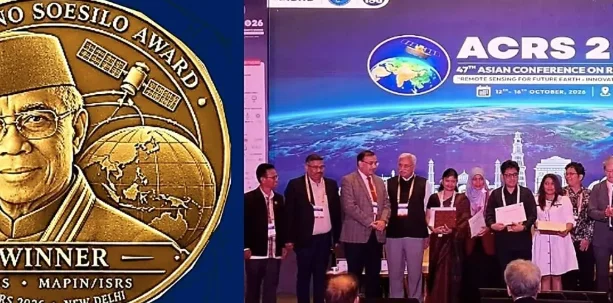 Dua peneliti Indonesia, Yustinus Seno dan ilustrasi- Serliah Nur, meraih Indroyono Soesilo Award 2026 pada penutupan Asian Conference on Remote Sensing (ACRS) ke-47 di New Delhi, India, Jumat (16/10/2026), melalui riset pemetaan hutan dan bahasa daerah.
