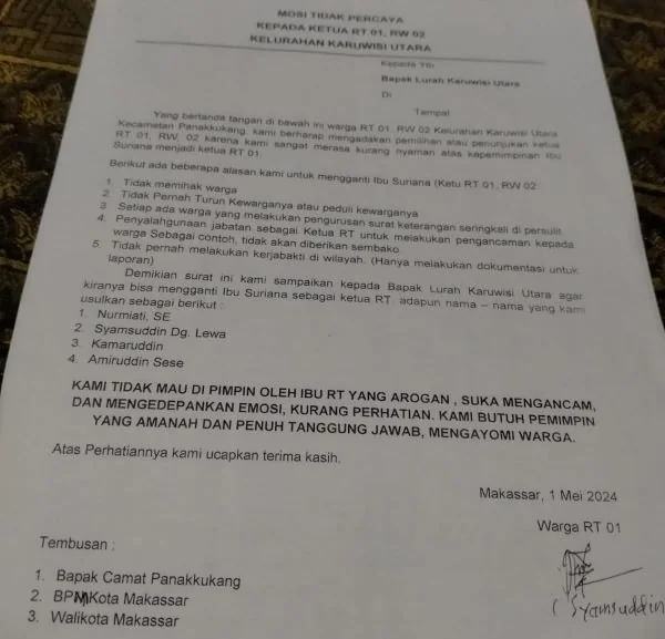 Mosi Tidak Percaya Warga RT 01 Kelurahan Karuwisi Utara, Makassar.