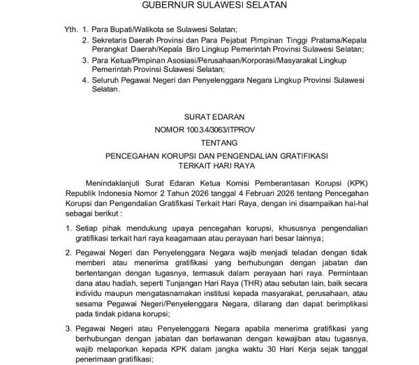 Surat edaran Pemprov Sulsel (Dok: ist)