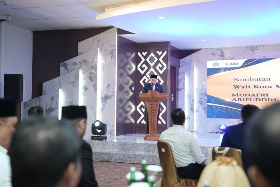 Wali Kota Makassar Munafri Arifuddin saat memberikan sambutan di Tax Gathering Kantor Wilayah Direktorat Jenderal Pajak (DJP) Sulawesi Selatan, Barat, dan Tenggara (Dok: Ist)