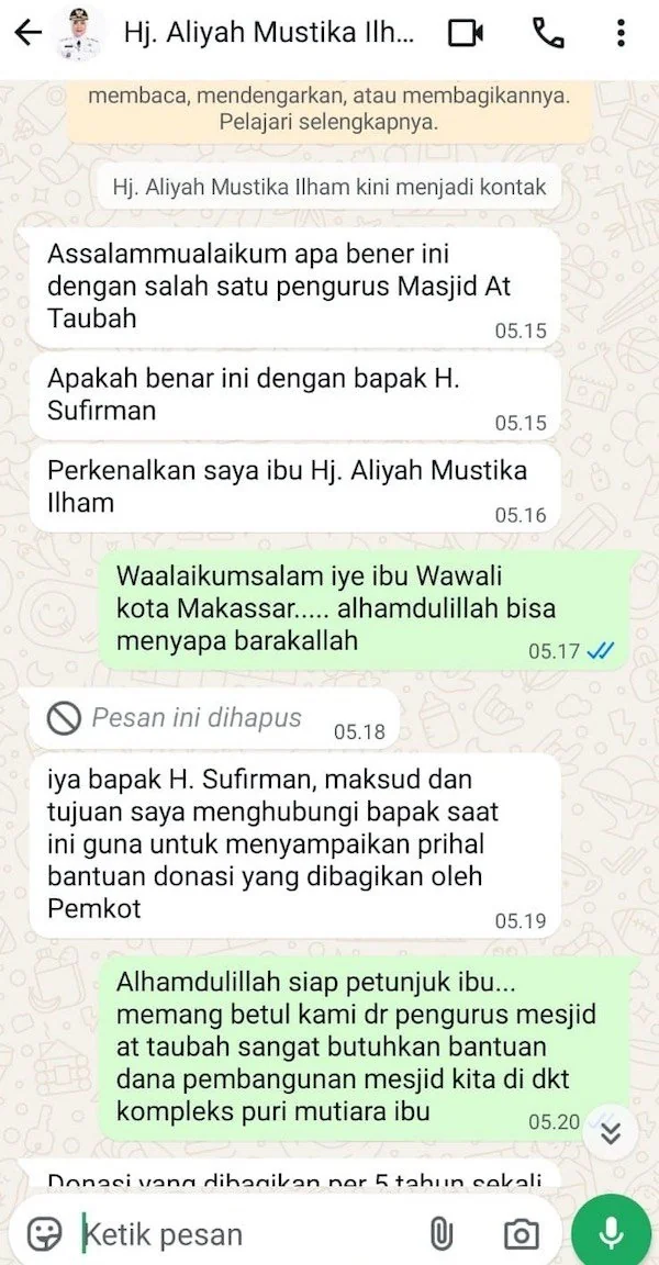 Salah Satu Screenshot modus penipuan mengatasnamakan Wakil Wali Kota Makassar, Aliyah Mustika Ilham (dok ist)