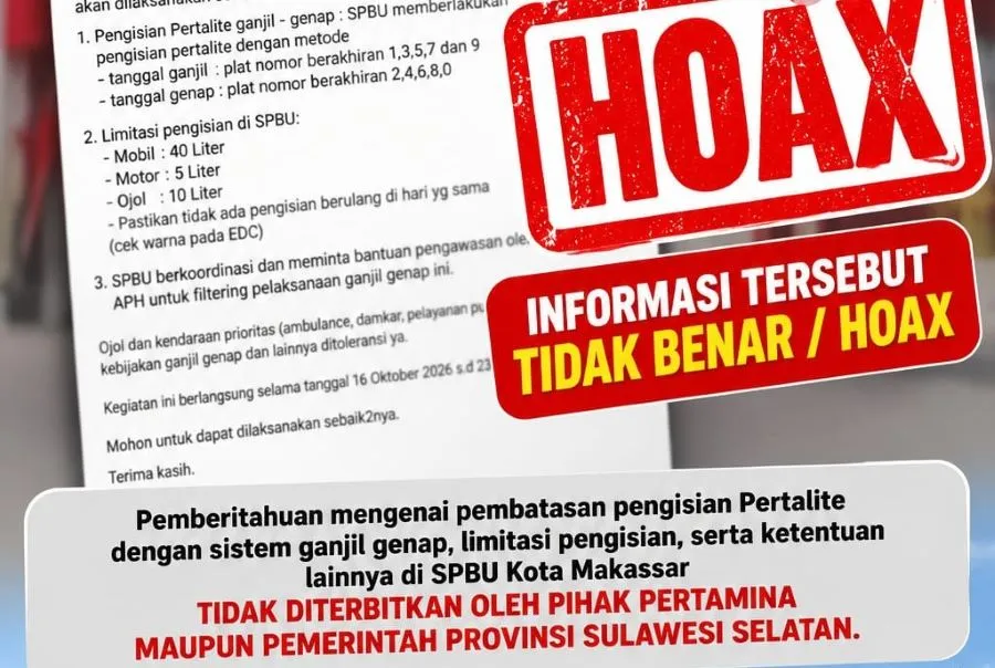 Pertamina Patra Niaga Regional Sulawesi mengklarifikasi pesan berantai mengenai aturan ganjil-genap pembelian Pertalite di SPBU Makassar yang dinyatakan tidak benar (Dok:. Ist)