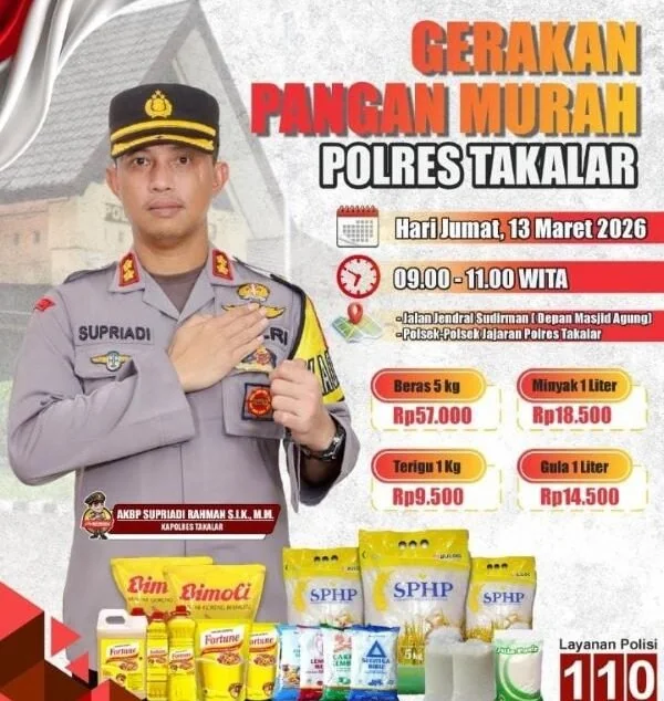 Poster JPolres Takalar Gelar Gerakan Pangan Murah Serentak di Tujuh Titik. (Dok: Ist)