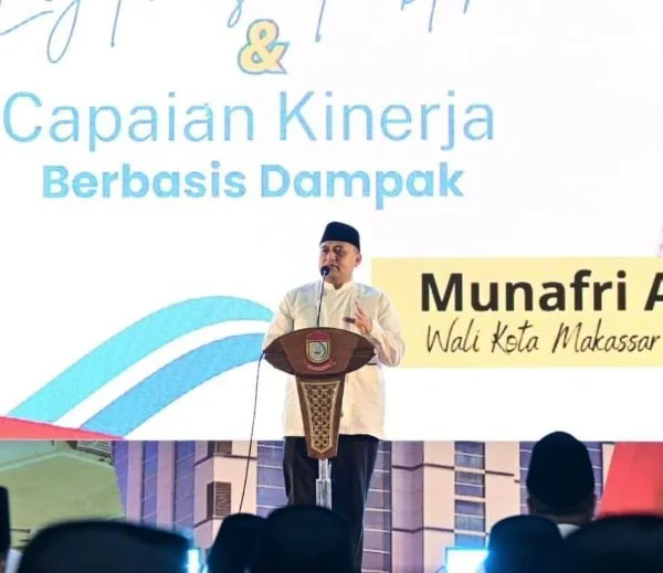 Wali Kota Makassar Munafri Arifuddin saat Memberikan Sambutan di setahun Kepemimpinan dengan Wakil Wali Kota Aliyah Mustika Ilham (Dok: KabarMakassar).
