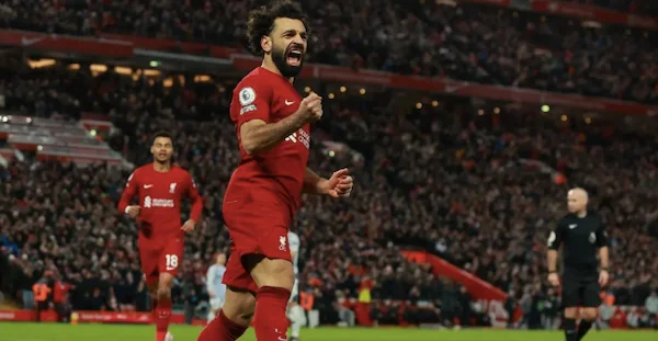 Selebrasi Mohamed Salah setelah mencetak gol kedua Liverpool dalam pertandingan Liga Premier Inggris lawan Wolverhampton di Anfield pada 2 Maret 2023. ANTARA/REUTERS/PHIL NOBLE.
