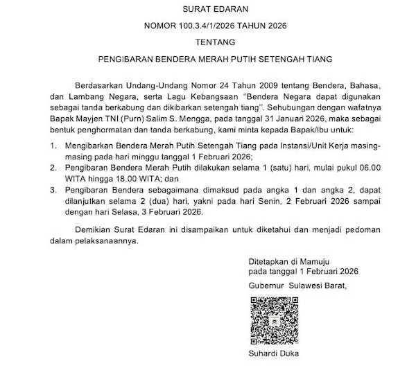 Surat edaran gubernur Sulbar terkait bendera setengah tiang (dok:ist)