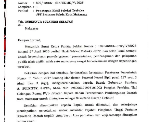 Beredar surat penunjukkan Sekda Definitif Kota Makassar (Dok : Ist).