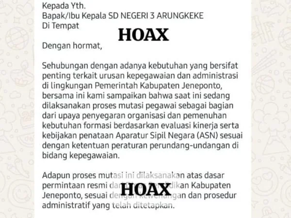 Surat pemberitahuan mutasi pegawai yang ditujukan kepada Kepala SD Negeri 3 Arungkeke, Kabupaten Jeneponto, yang beredar luas (Dok : ist).
