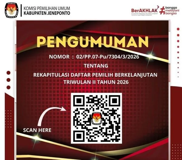 KPU Jeneponto Rilis Rekapitulasi Daftar Pemilih Semester II 2026. (Dok: Ist)