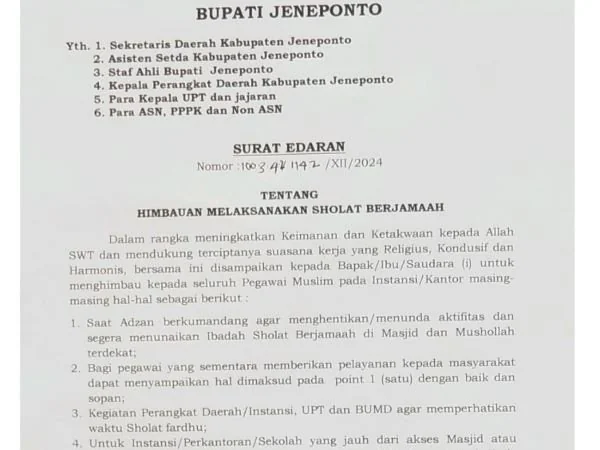 Surat edaran Imbauan ASN Muslim Sholat Berjamaah Tepat Waktu (Dok : Ist).