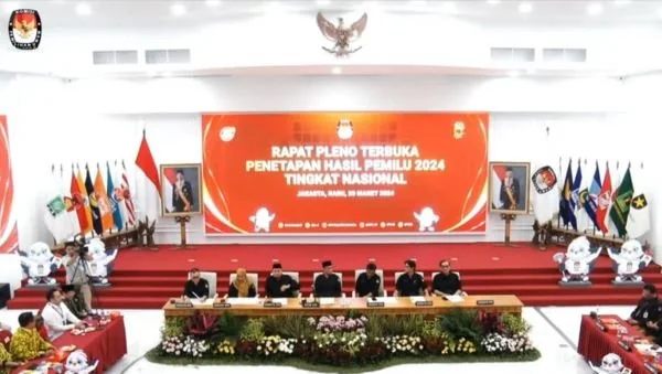 Rapat Pleno Terbuka Penetapan Hasil Pemilu 2024 Tingkat Nasional di Ruang Sidang Utama Kantor KPU RI, Rabu (20/3).