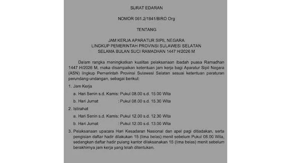 Petikan surat edaran Pemprov Sulsel terkait aturan jam kerja ASN selama Ramadan (dok. KabarMakassar)