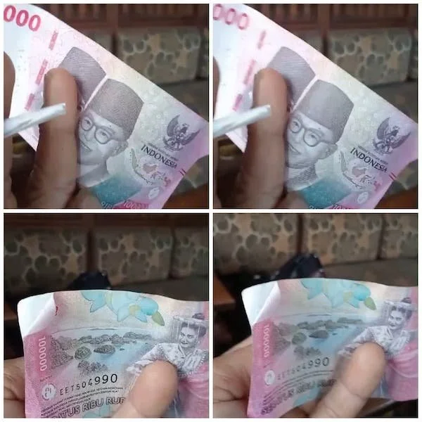 Uang palsu pecahan Rp 100 ribu yang ditunjukkan Ardi. (Tangkapan layar/ullah KM).