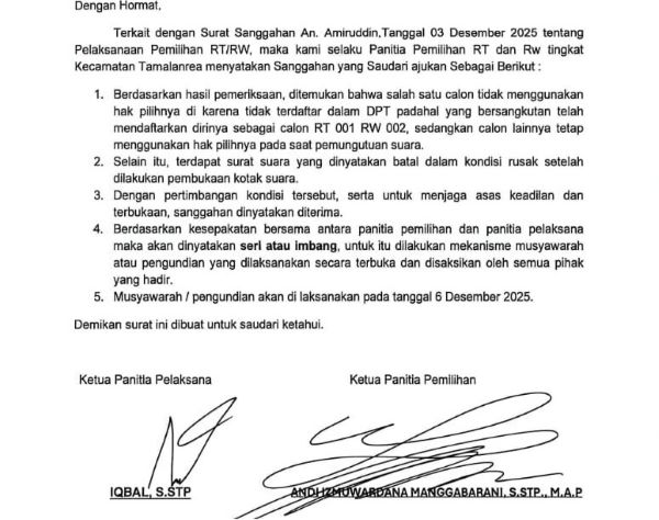 Sanggahan Dikabulkan, Pemilihan RT 001/002 Tamalanrea Musyawarah