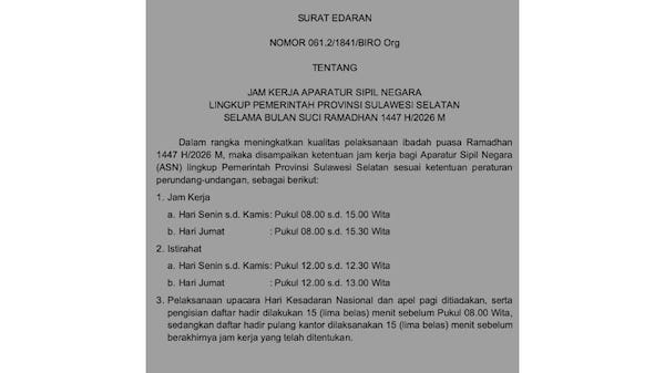 Pemprov Sulsel Atur Jam Kerja ASN Selama Ramadan, Apel Pagi Ditiadakan